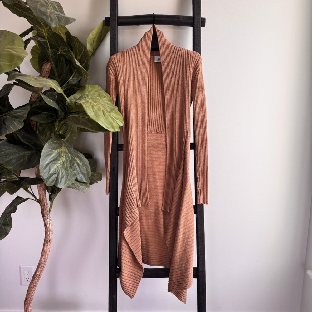 CAbi Tan Ribbed Open Front Cardigan